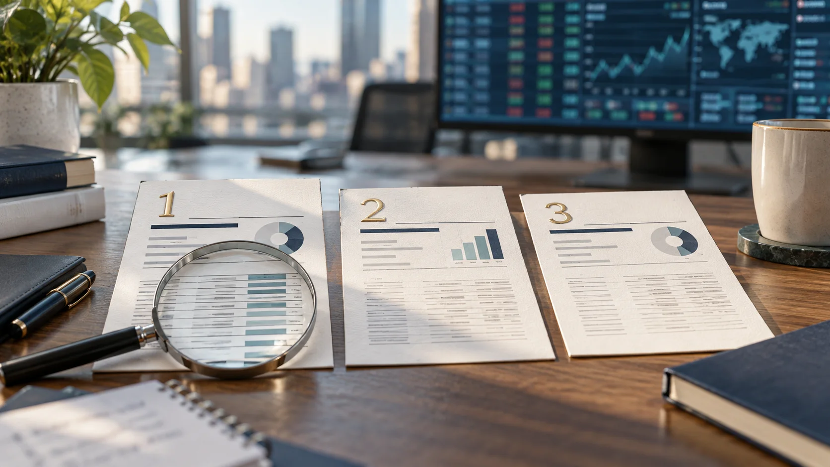 Three research dossiers lie on a desk, with a magnifying glass over the first and a blurred market screen behind them.