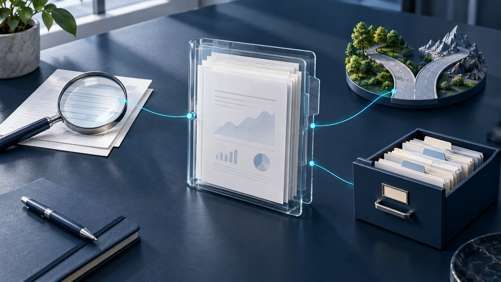 A transparent research dossier connects to a magnifying lens, branching paths and an archive drawer on a navy desk.