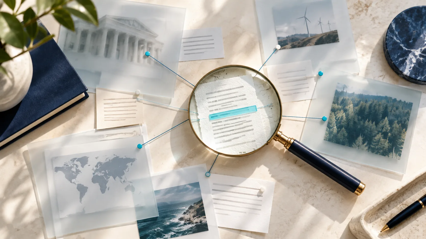 A magnifying glass highlights a research note connected to translucent source cards.