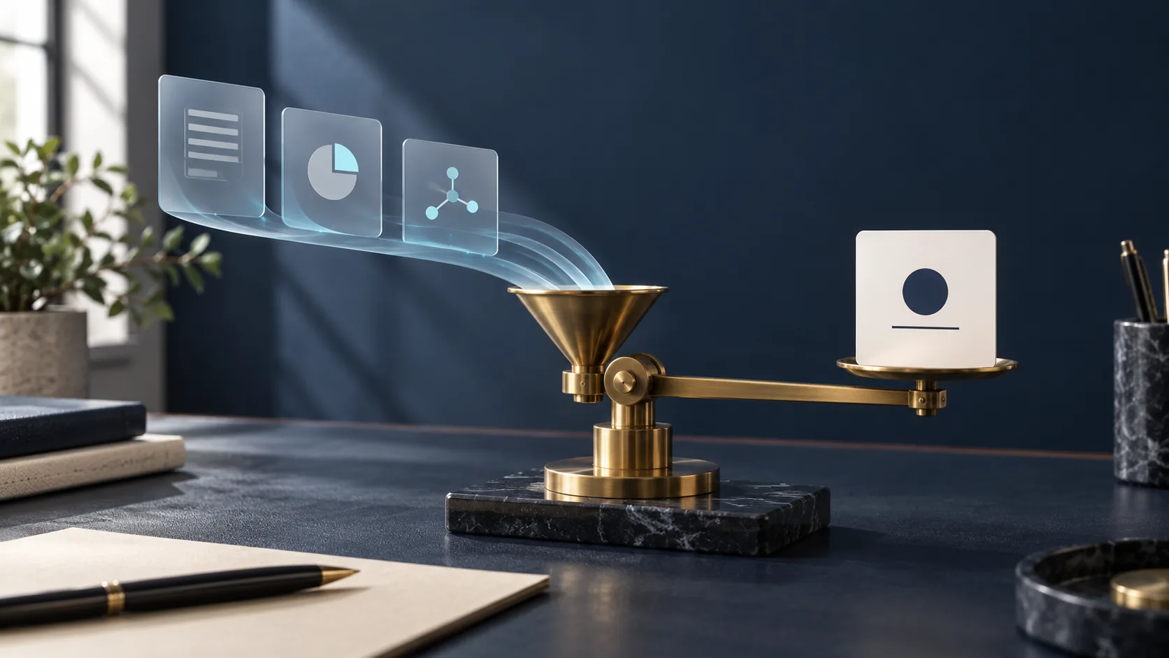 Translucent research-input cards flow into a brass balance beside a summary card on a navy desk.