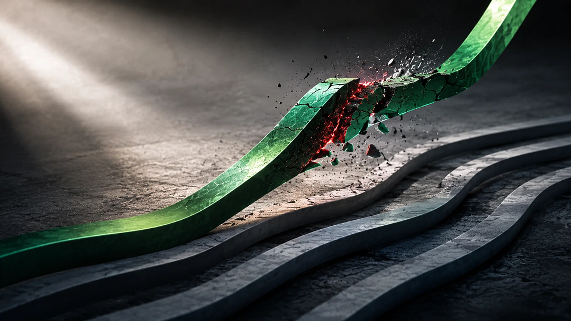 An ascending green forecast path fractures above competing grey paths, illustrating the risk behind a strong five-year signal.