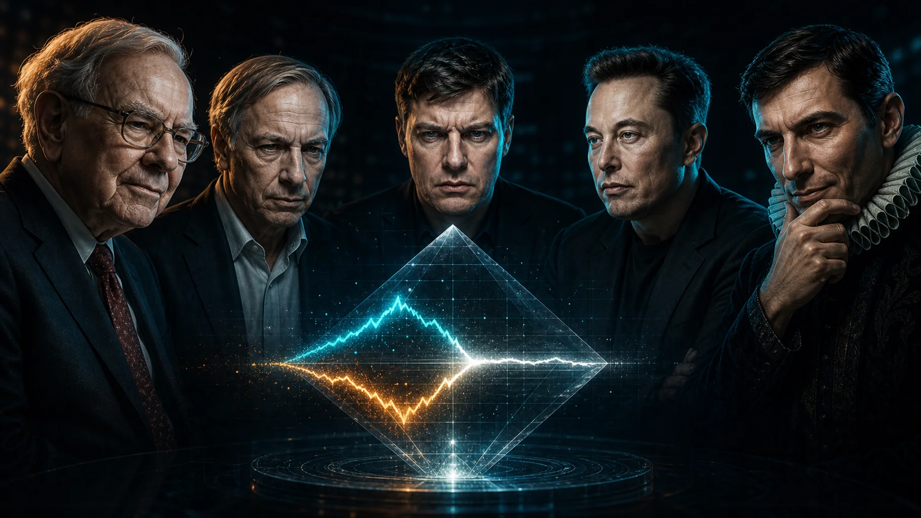 AI advisor personas compare diverging forecast lines around an illuminated market chart.