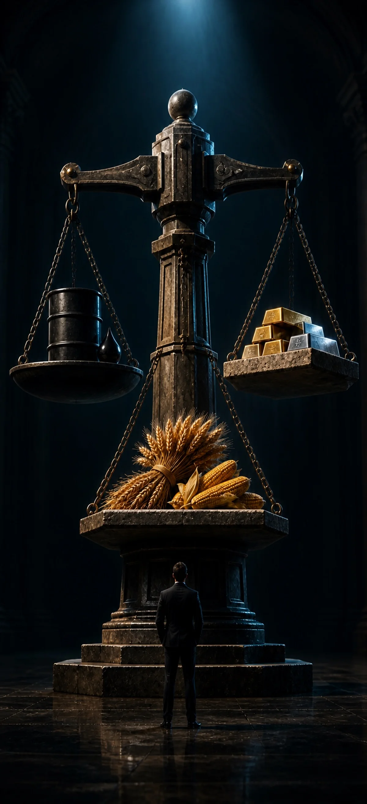 A monumental balance holds oil, gold, silver, wheat, and corn as the core physical commodity markets.