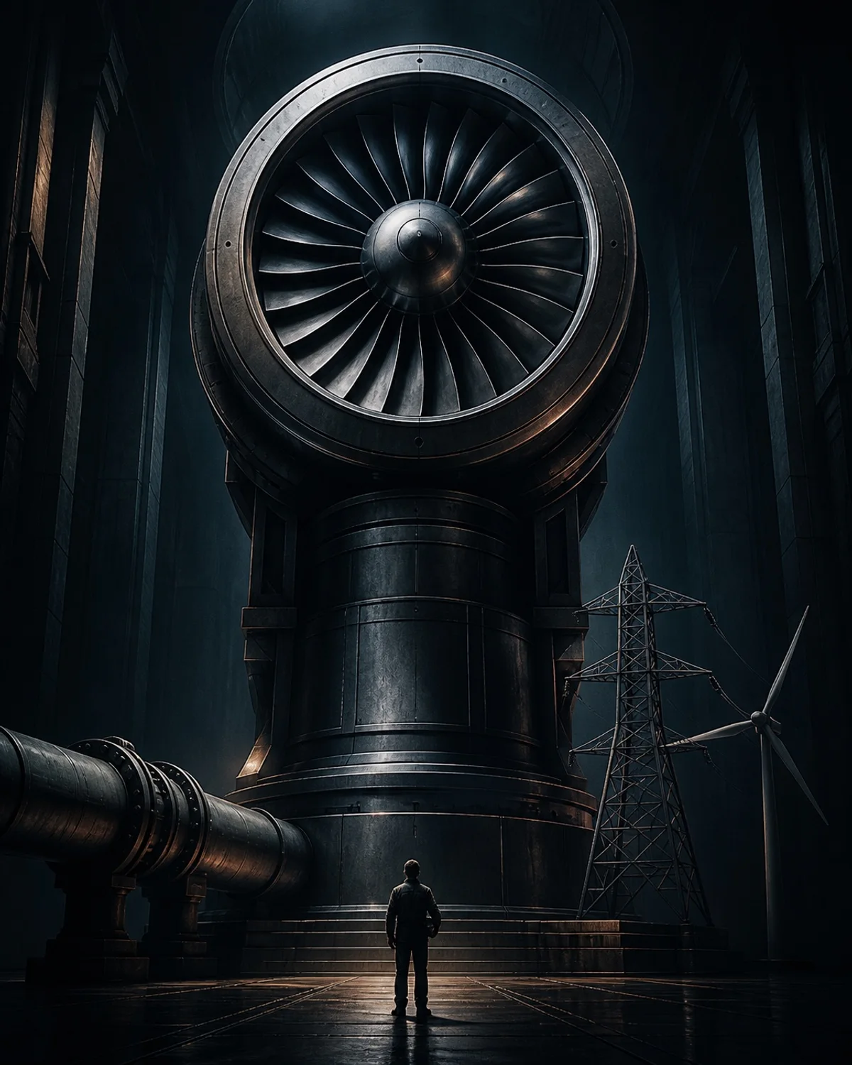 A monumental turbine represents oil and gas, power, renewables, pipelines, and energy equipment working as one system.