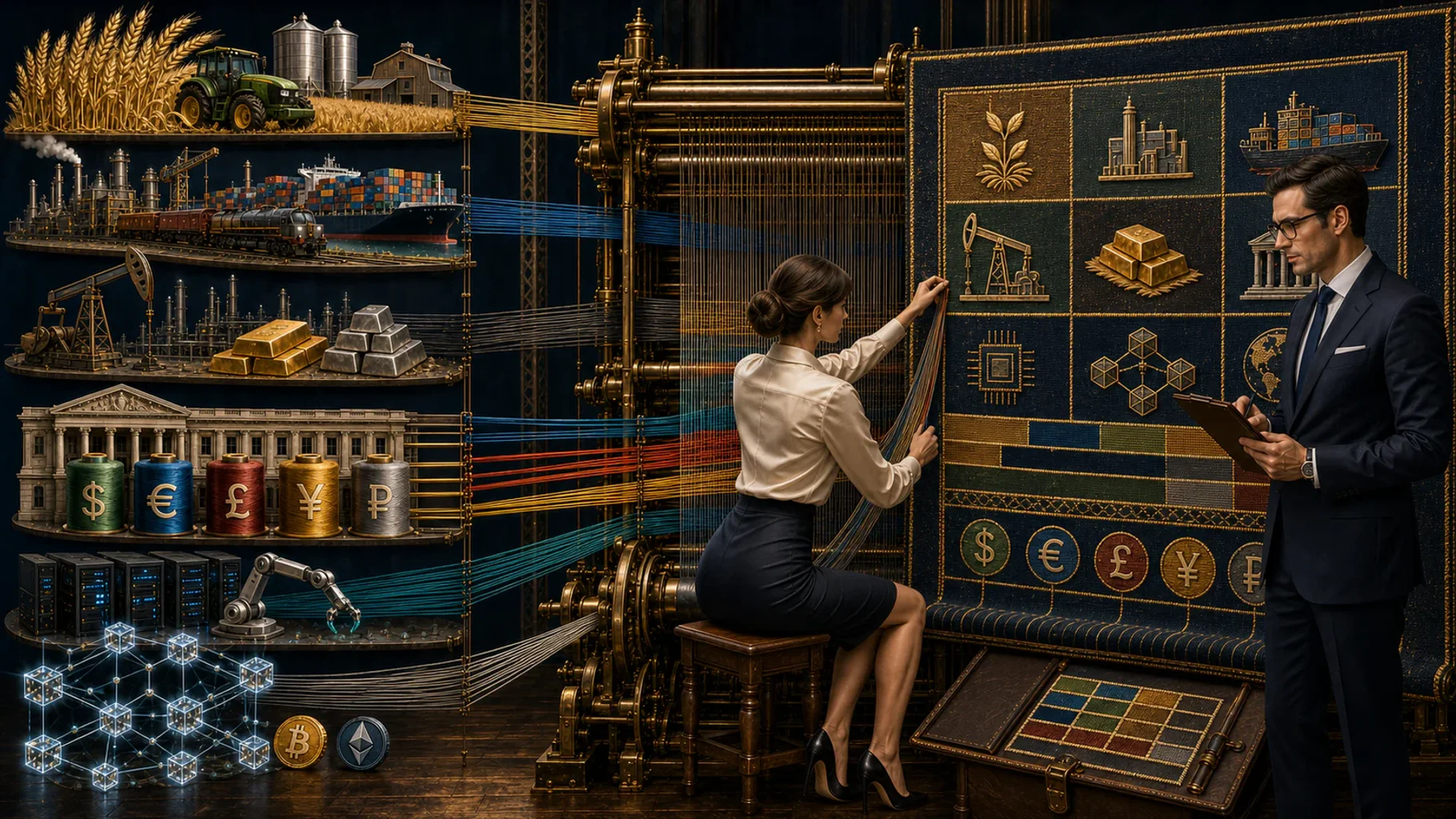 A research executive organizes market inputs through a monumental loom while a portfolio manager reviews the resulting long-term portfolio of selected holdings.