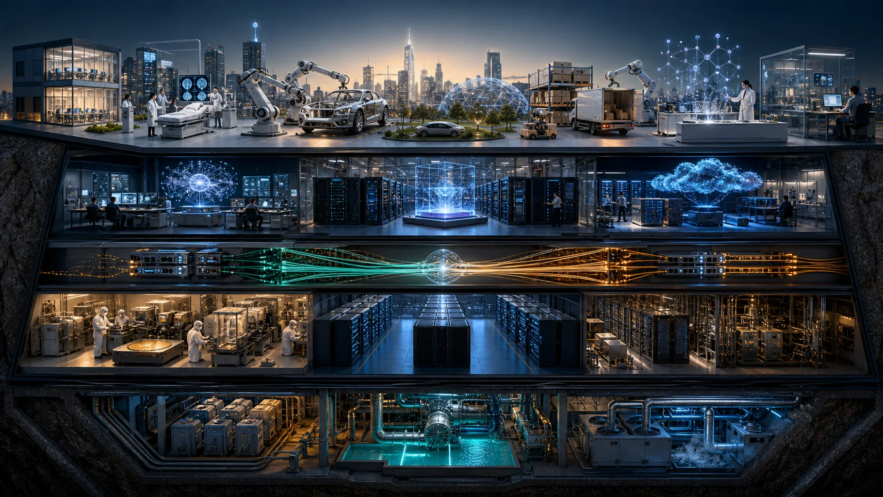 An architectural cutaway connects semiconductor fabrication, power, networking, data centers, model laboratories, robotics, and applied artificial intelligence.