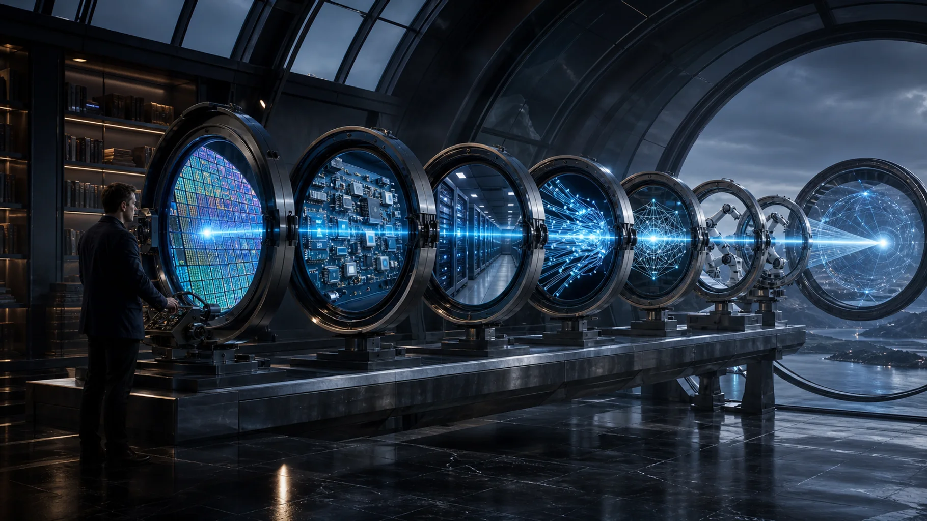 An analyst uses a monumental observatory to examine wafers, accelerators, optical networks, model systems, and applied robotics across the AI stack.