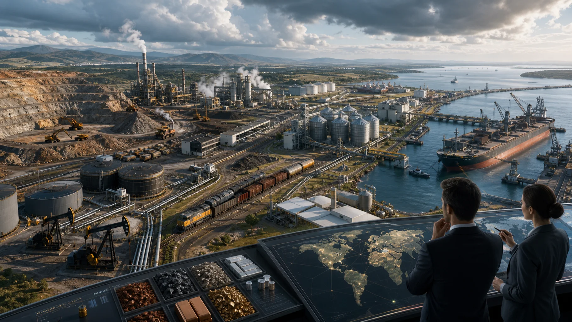 Oil, metals, and agricultural commodities move from extraction and harvest through storage, shipping, processing, and delivery into the global economy.