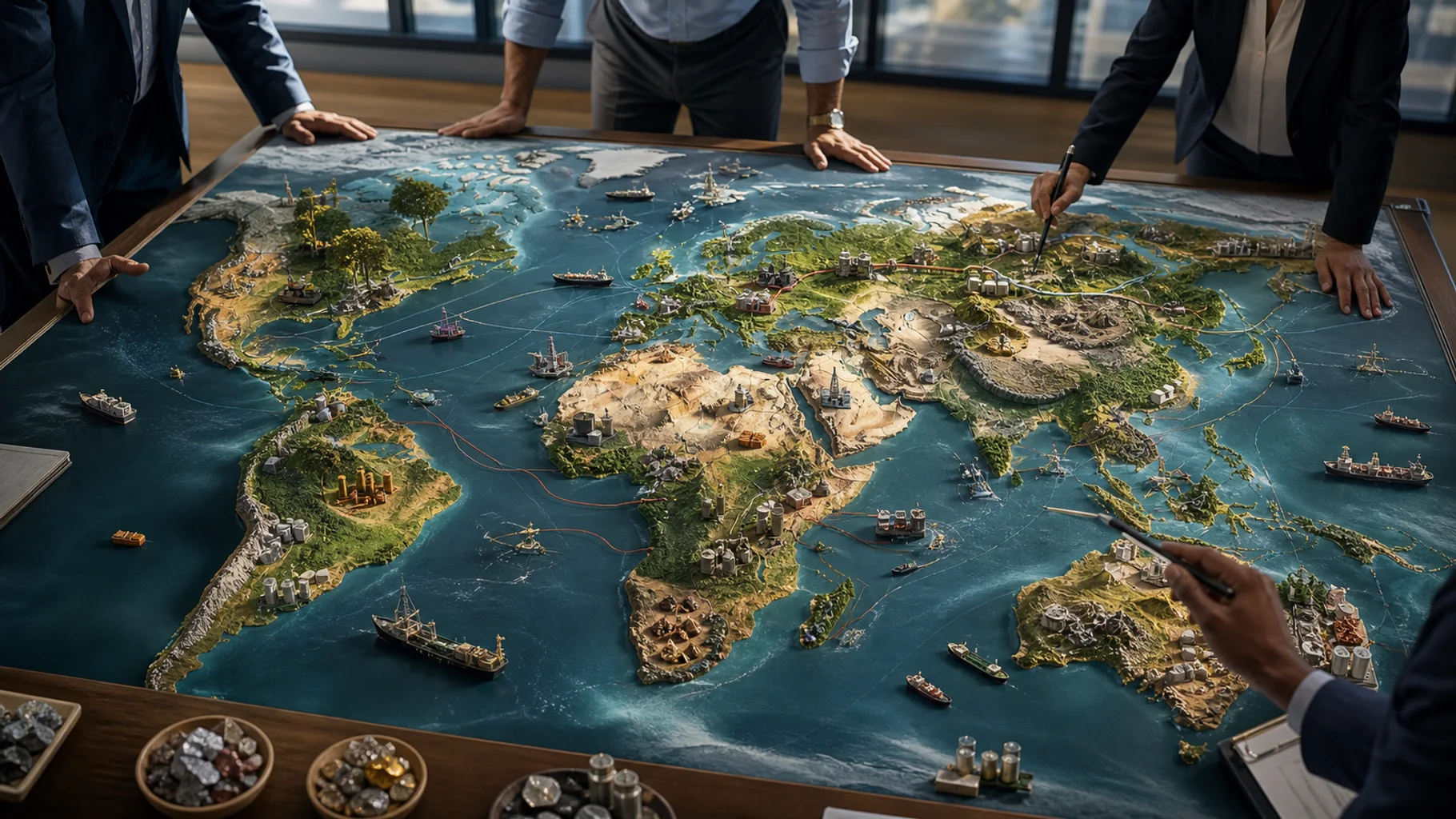 A global commodity atlas maps production regions, weather exposure, geopolitical risk, shipping routes, and supply-chain vulnerabilities.