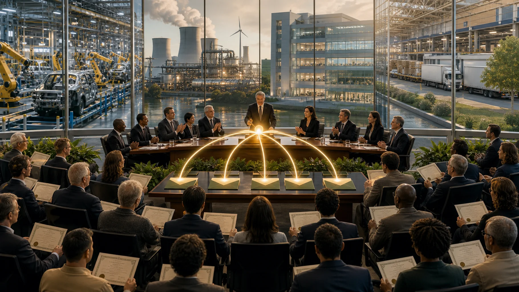 A profitable public company distributes an approved share of earnings to diverse shareholders while continuing to invest in its operations.