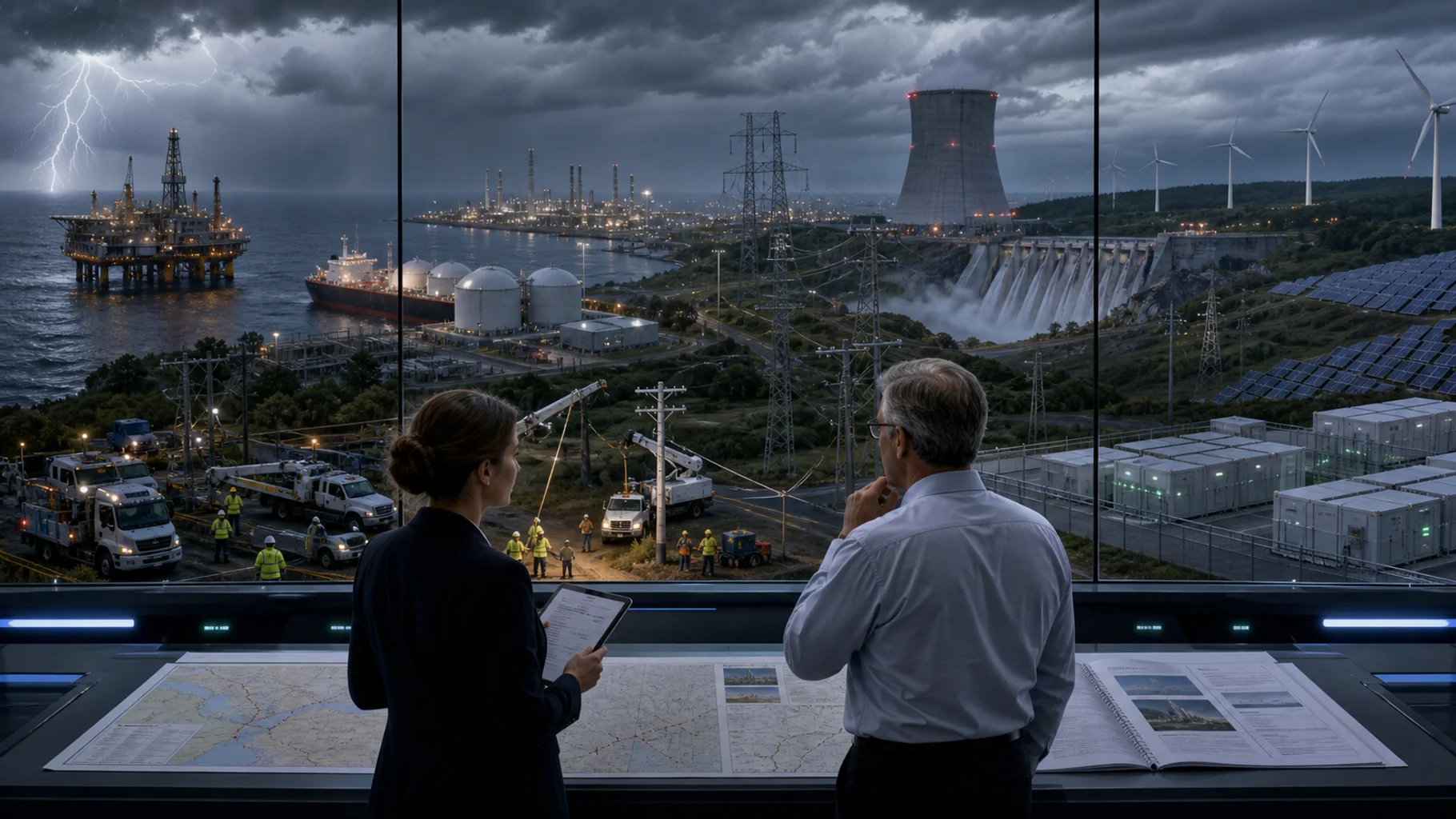 An investor and grid engineer examine a diversified energy network remaining operational through severe weather with active maintenance crews and redundant infrastructure.
