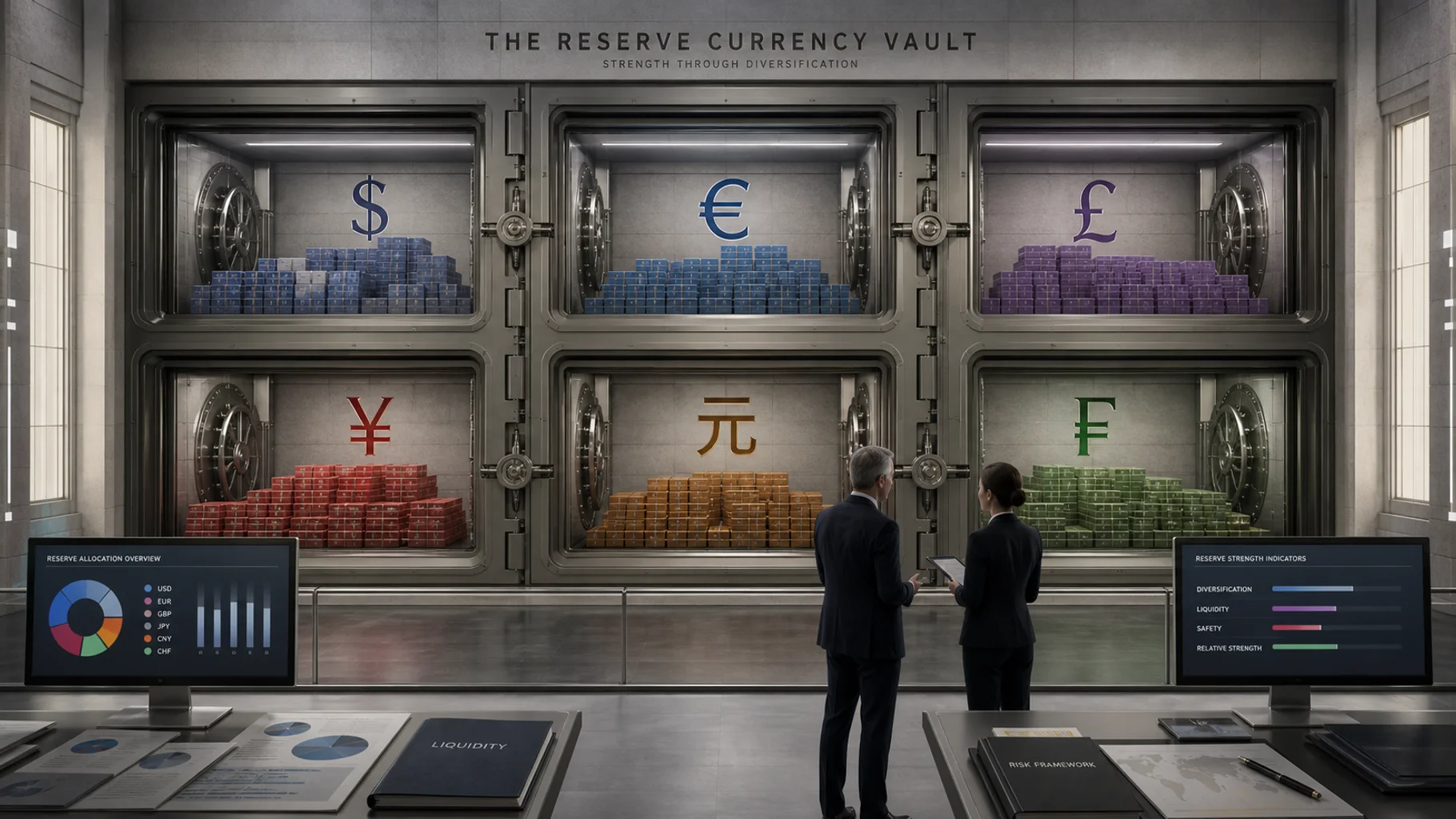 A central-bank reserve team evaluates currency diversification, liquidity, monetary stability, and reserve holdings in a secure institutional vault.