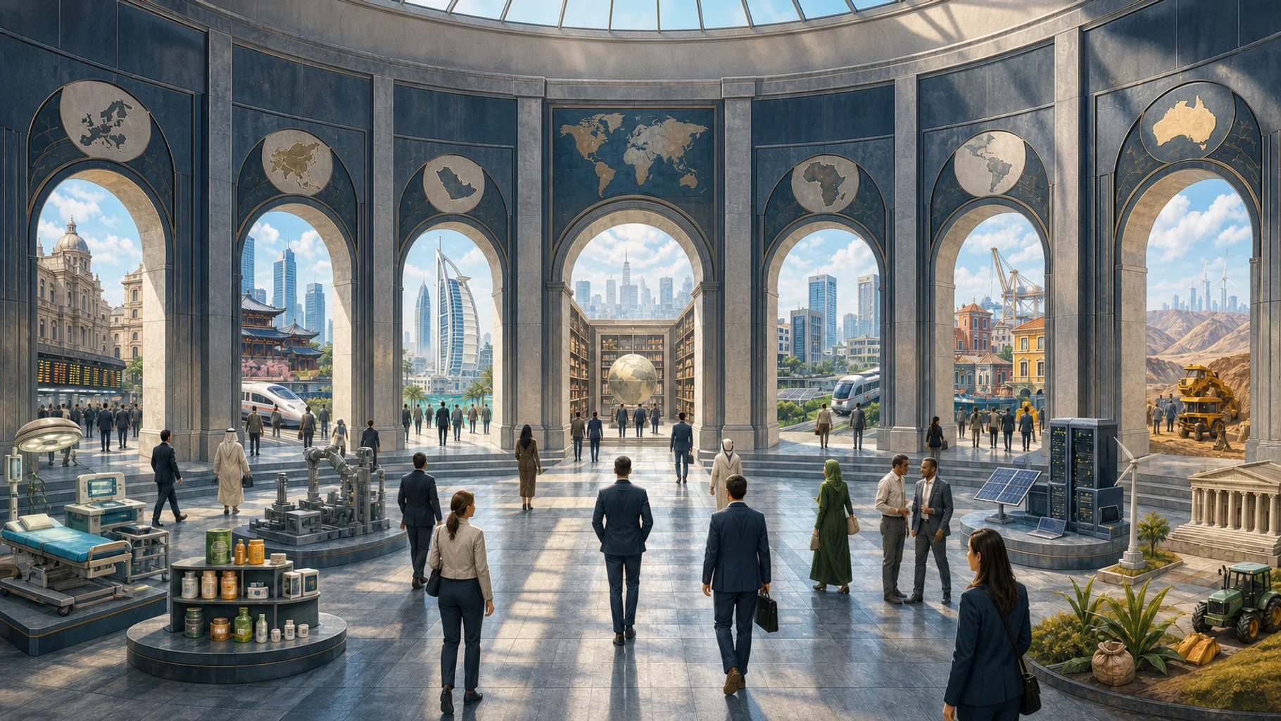 Investment professionals compare six brightly lit regional business windows spanning Europe, Asia, the Middle East, Africa, Latin America, and Oceania.