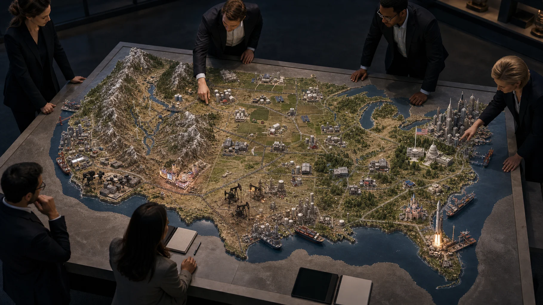 Equity analysts study a detailed United States economic map showing government, finance, technology, energy, aerospace, entertainment, agriculture, ports, logistics, and regional geography.