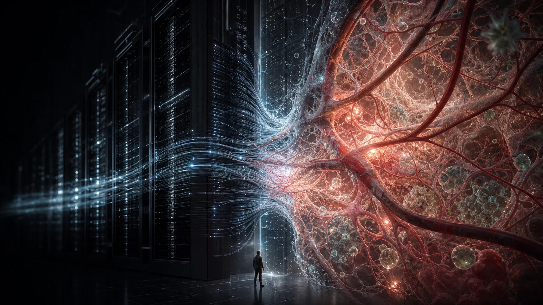 A cinematic transition from a dark computing facility into illuminated living tissue, representing artificial intelligence moving from software into biology.
